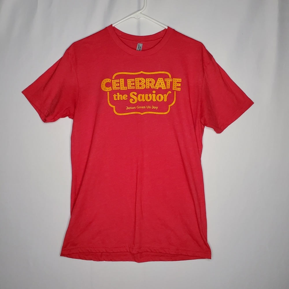 Jesus Tshirt Women Medium Celebrate The Savior Graphic Tee Retro Christian Faith